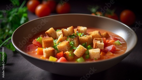 A bowl of refreshing gazpacho with diced vegetables and croutons, served in a colorful bowl. Generative AI