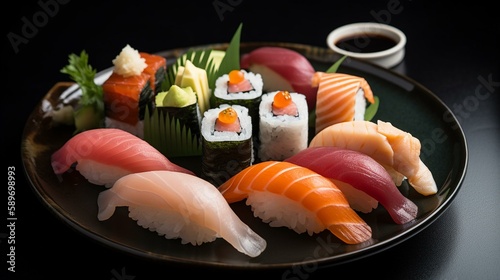 A plate of freshly made sushi with a variety of fish, each one beautifully garnished with colorful sauces and vegetables. Generative AI
