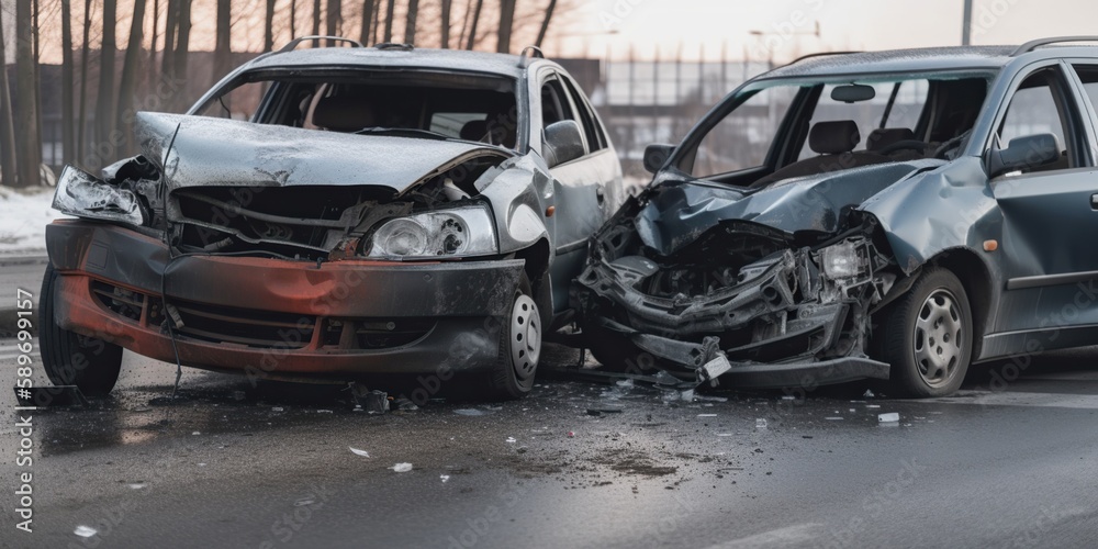 Fototapeta premium Accident of two cars in early spring morning, concept of Crash and Season, created with Generative AI technology