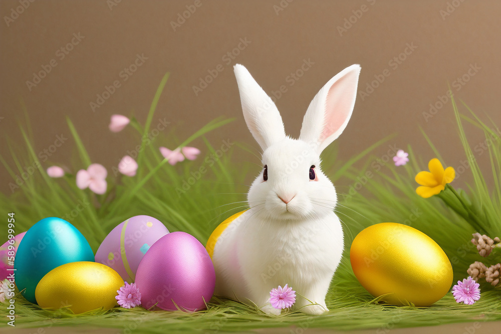 White Rabbit with colorful  Easter eggs in the green grass and flowers. Painted eggs. Religious holiday, wallpaper, background. Generative AI
