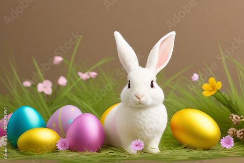 White Rabbit with colorful Easter eggs in the green grass and flowers. Painted eggs. Religious holiday, wallpaper, background. Generative AI