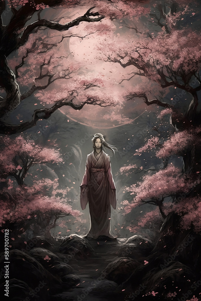  JAPANESE LADY STANDING IN A CHERRY BLOSSOM FIELD DIGITAL ART