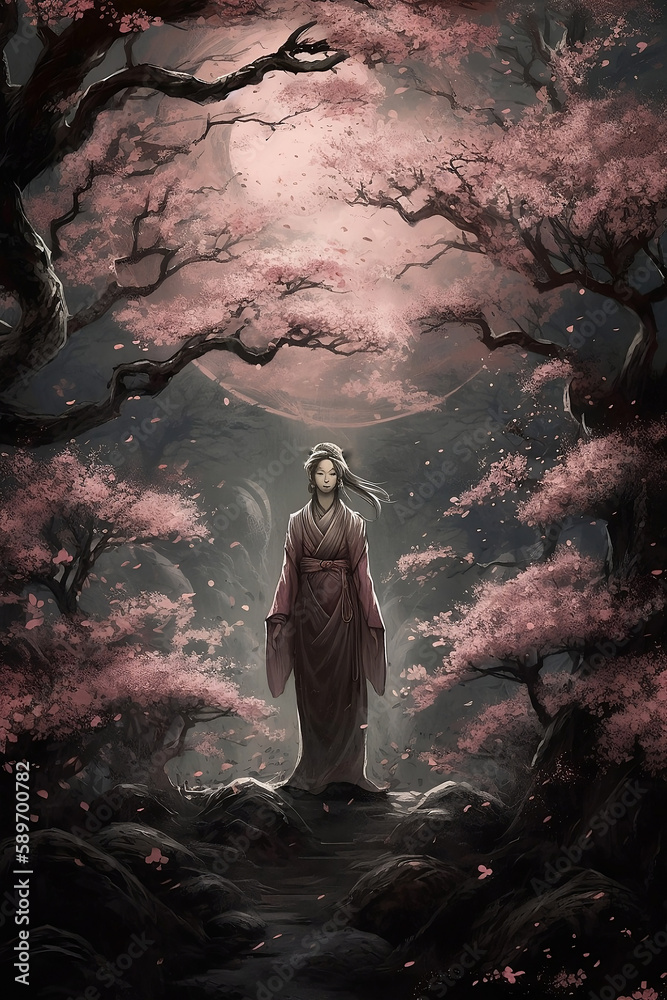JAPANESE LADY STANDING IN A CHERRY BLOSSOM FIELD DIGITAL ART JAPANESE LADY STANDING IN A CHERRY BLOSSOM FIELD DIGITAL ART