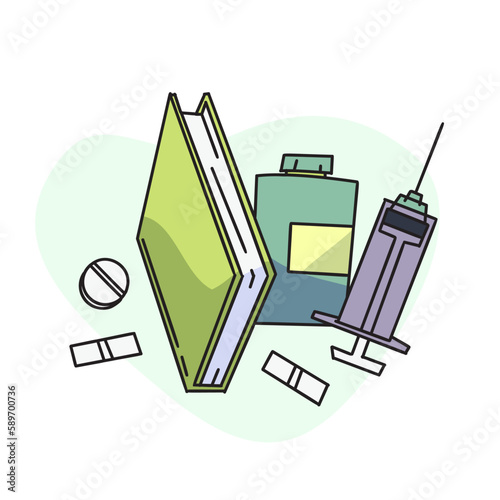 flat vector illustration, recipe book, vaccine shot and pill container.