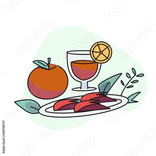 flat vector illustration, craft rabbit apple, orange juice and citrus fruits.