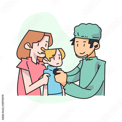 flat vector illustration, mother checking her child to the doctor. Doctor using a stethoscope examining the heart.