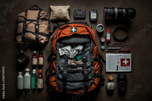 Set of travel or rescue team equipment on dark background, top view, flat lay. Generative AI.