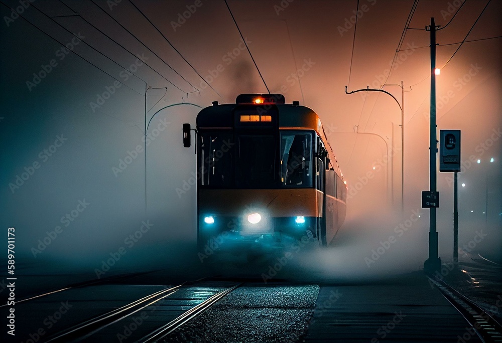 tram train going in evening in fog on railway transport tracks. Generative AI