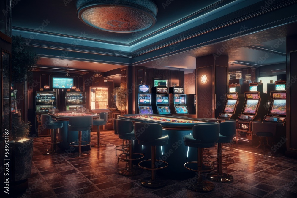 Luxury casino interior with lots of slot machines. AI generated, human enhanced.