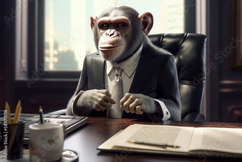 Monkey wearing suit in office. Businessman monkey sitting at office. AI generated, human enhanced. photo