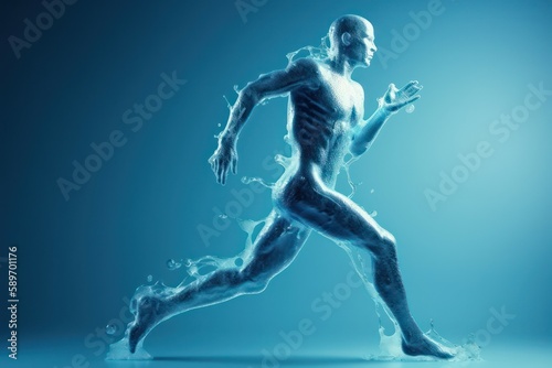 Human body shape of a running man filled with blue water, wellness concept. AI generated, human enhanced