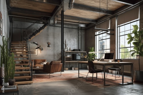 Modern office interior in loft industrial style. AI generated, human enhanced