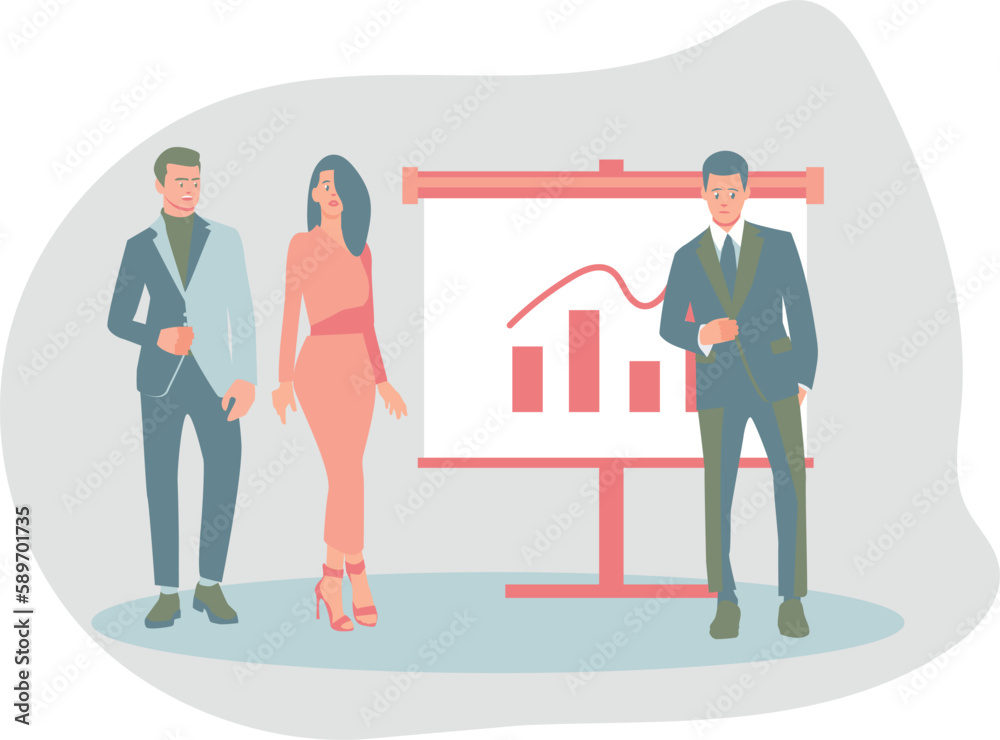Illustration about marketing, business strategy. Speakers, presentation, charts. People in business attire, in suits. Official style. Flat style.