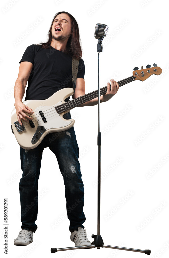 Man playing bass guitar and singing on white - obrazy, fototapety, plakaty 