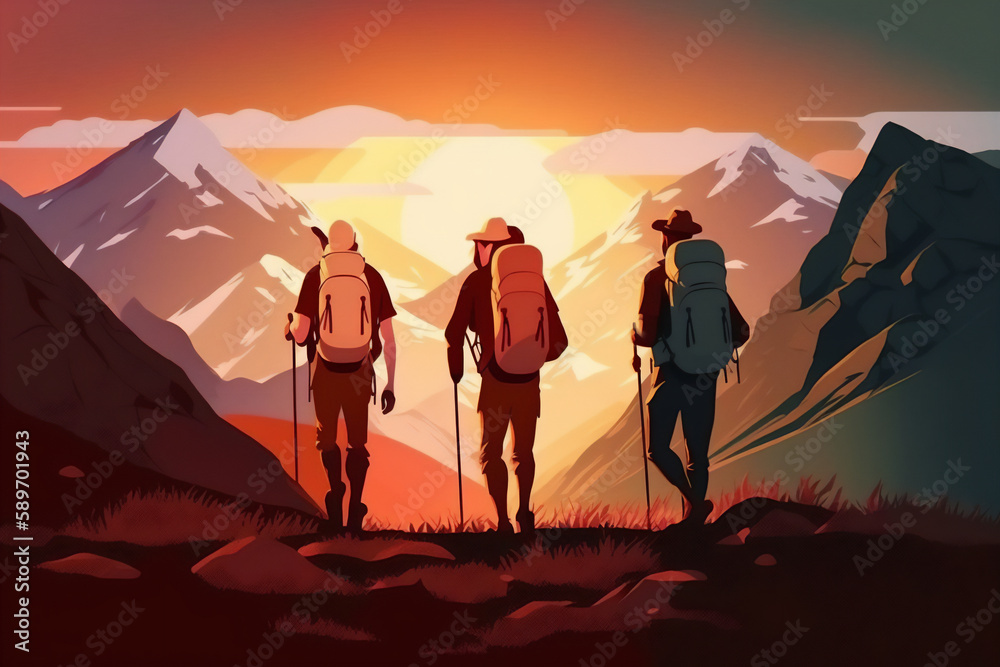 Cartoon illustration of a group of mountaineers with mountains in the background at sunset