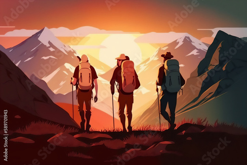 Cartoon illustration of a group of mountaineers with mountains in the background at sunset