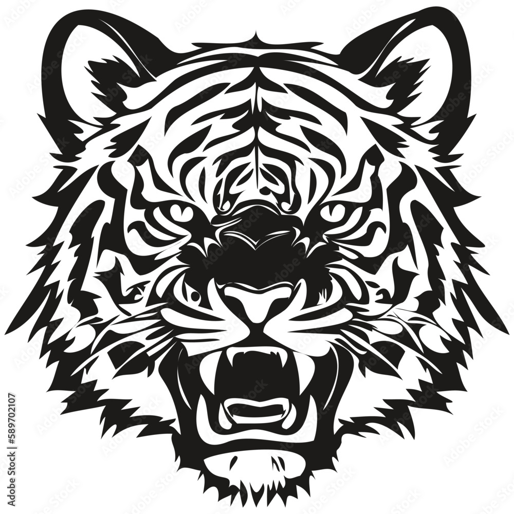 Ferocious Tiger head animal mascot logotype, black and white template badges emblem
