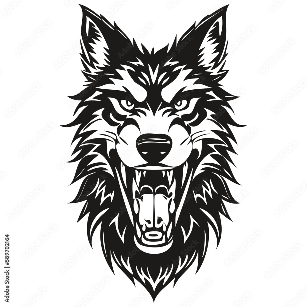 Ferocious wolf head animal mascot logotype, black and white template badges emblem