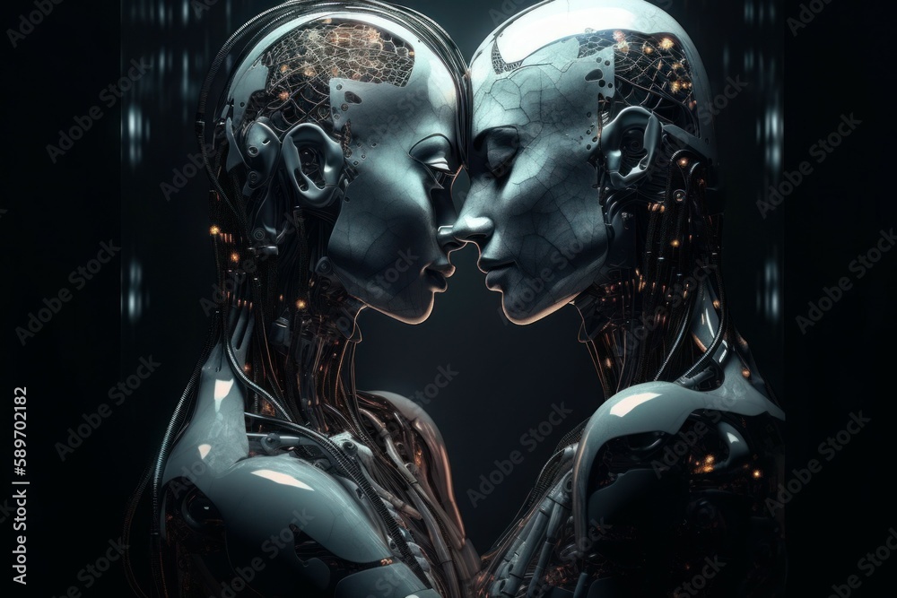 Two robots show each other feelings. Love robots concept. AI generated, human enhanced Two robots show each other feelings. Love robots concept. AI generated, human enhanced