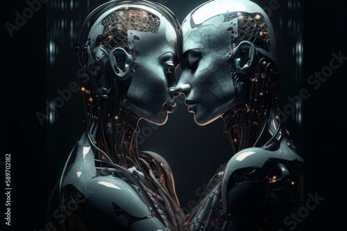 Two robots show each other feelings. Love robots concept. AI generated  human enhanced