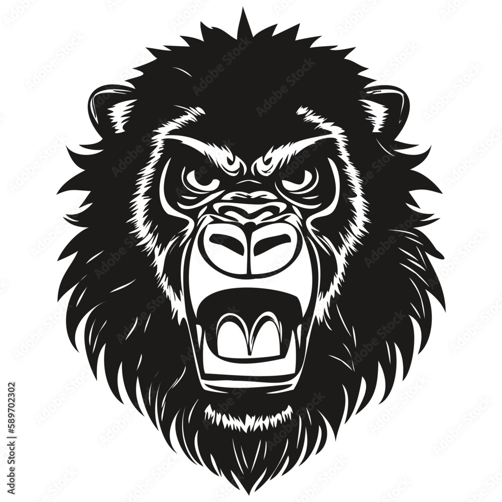 Gorilla head embleme for sport team, black and white animal mascot logotype