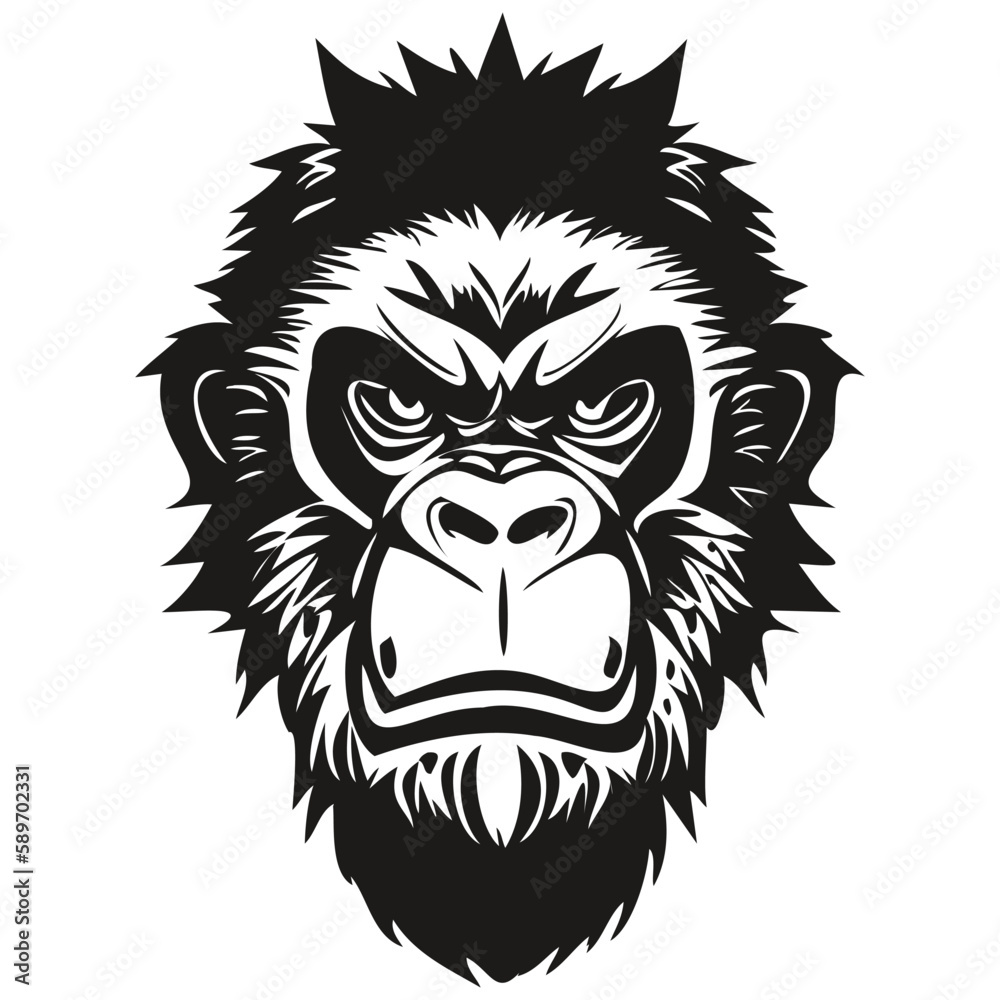 Gorilla head embleme for sport team, black and white animal mascot logotype