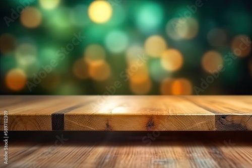 wooden table top with out-of-focus lights in the background. Generative AI