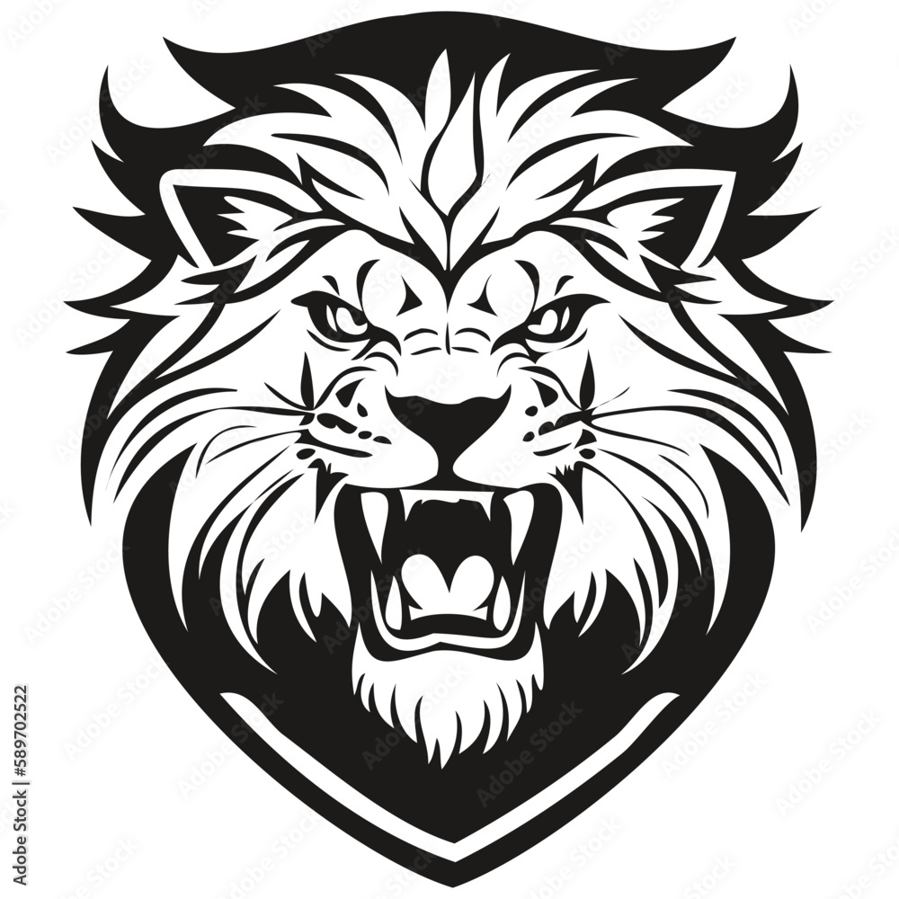 Lion head embleme for sport team, black and white animal mascot logotype