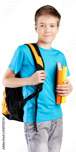 Smiling boy with backpack and book isolated on white