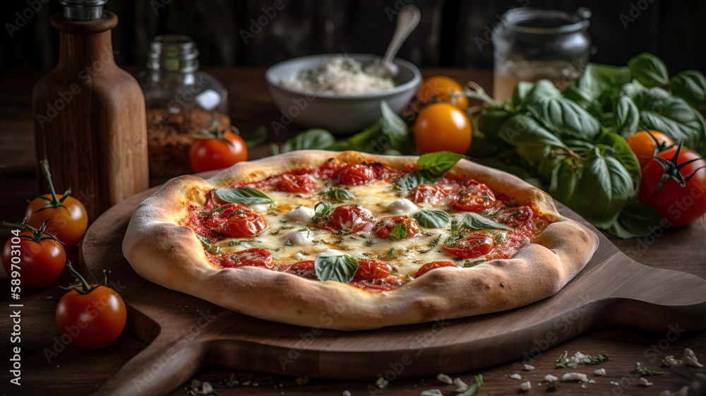 Rustic wood-fired pizza with fresh ingredients, such as mozzarella, basil, and cherry tomatoes, placed on a wooden pizza peel. Rustic wood-fired pizza with fresh ingredients, such as mozzarella, basil, and cherry tomatoes, placed on a wooden pizza peel.