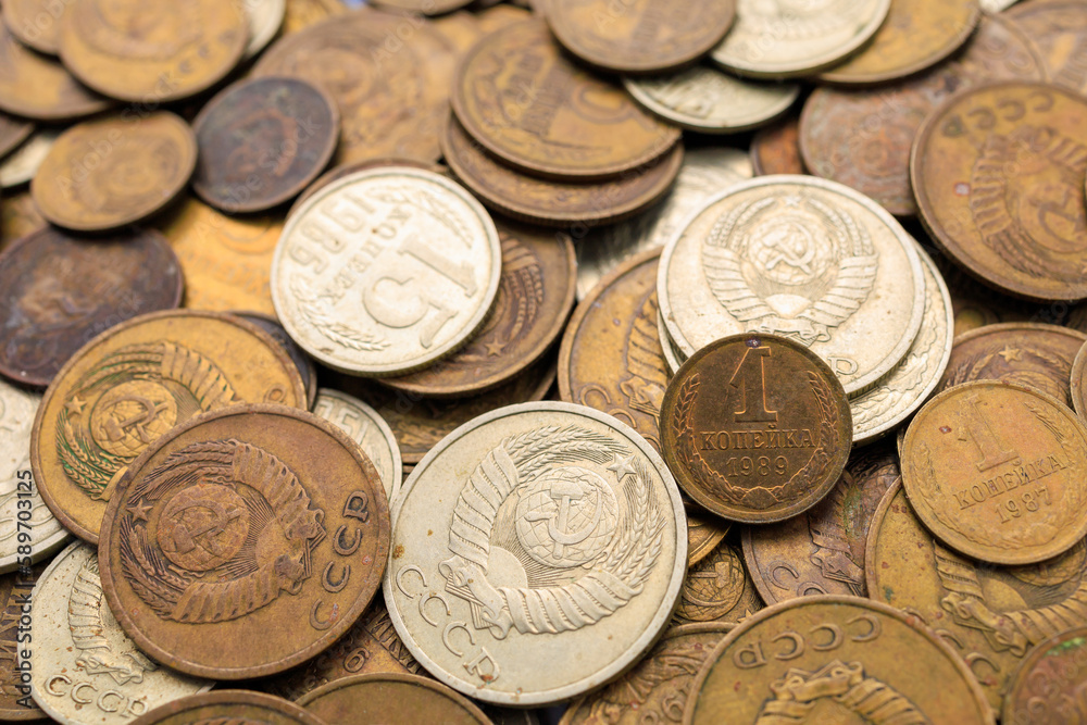 Soviet coins close up. USSR coins, top view. Old coins for numismatics. Historical heritage. Background Soviet coins close up. USSR coins, top view. Old coins for numismatics. Historical heritage. Background