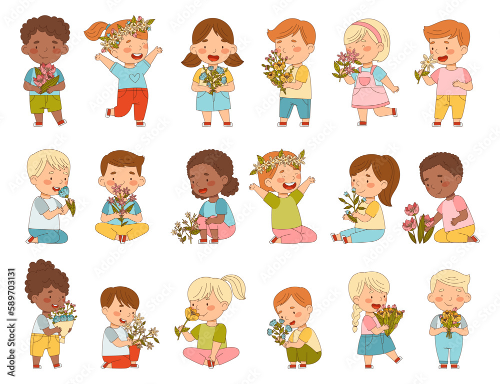 Preschool Children with Flower Bouquet and Wreath Smelling Aroma and Fragrance Big Vector Set