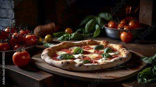 Rustic wood-fired pizza with fresh ingredients  such as mozzarella  basil  and cherry tomatoes  placed on a wooden pizza peel.