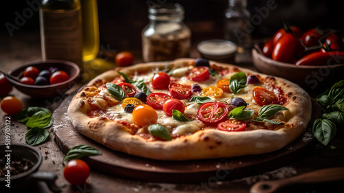 Rustic wood-fired pizza with fresh ingredients, such as mozzarella, basil, and cherry tomatoes, placed on a wooden pizza peel.