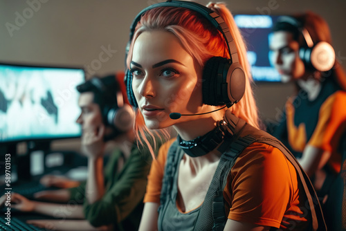 Photo Blonde caucasian pretty female cyber sport gamer in headset with microphone playing online next to her team participating in e-sports competition