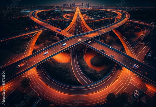 Expressway top view, Road traffic an important infrastructure, car traffic transportation above intersection road in city night, aerial view cityscape of advanced innovation, financial. Generative AI