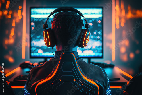 Rare view of pro gamer in headphones live streaming while playing online computer game in red and blue neon lights. Cybersport, esports concept. Generative AI