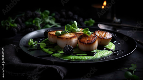 Beautifully plated gourmet dish consisting of seared scallops, a pea puree, and microgreens, set on a dark, textured background.