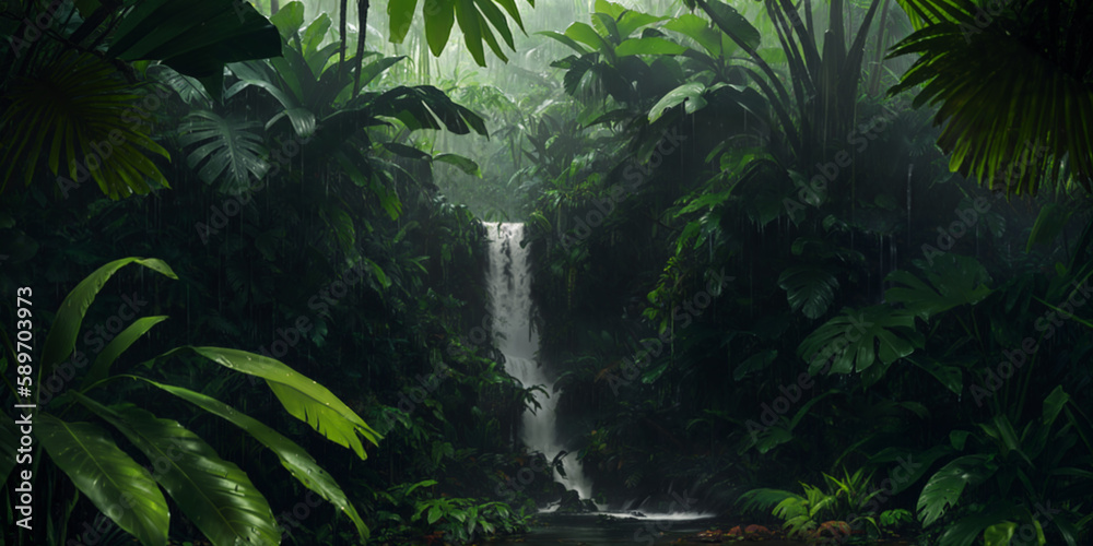 Waterfall in wild jungle. Heavy rain. Dark tropical forest with exotic plants, palm trees, big leaves and ferns. Scary thicket of the rainforest. Stream of water, wet green vegetation. Generative AI Waterfall in wild jungle. Heavy rain. Dark tropical forest with exotic plants, palm trees, big leaves and ferns. Scary thicket of the rainforest. Stream of water, wet green vegetation. Generative AI