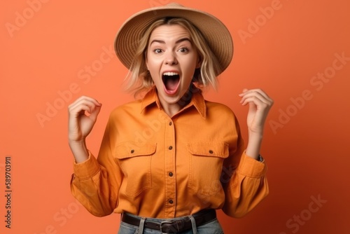 Photo of funky excited lady dressed jeans and shirt, empty space isolated background. Generative AI
