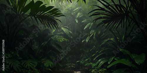 Jungle during heavy rain. Dark tropical forest with exotic plants  palm trees  big leaves and ferns. Scary thicket of the rainforest. Streams of water  wet green vegetation and ground. Generative AI