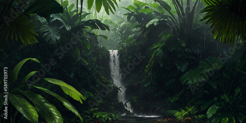 Waterfall in wild jungle. Heavy rain. Dark tropical forest with exotic plants, palm trees, big leaves and ferns. Scary thicket of the rainforest. Stream of water, wet green vegetation. Generative AI