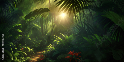 Jungle on a sunny day. Beautiful tropical forest with exotic plants  flowers  palm trees  big leaves and ferns. Thicket of the rainforest. Bright sun  sunbeams through the foliage. Generative AI