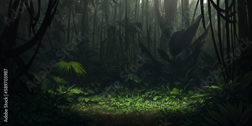 Wild jungle in night. Scary thicket of the rainforest. Dark tropical forest with exotic plants, palm trees, big leaves and ferns. Green vegetation illuminated by moonlight. Generative AI