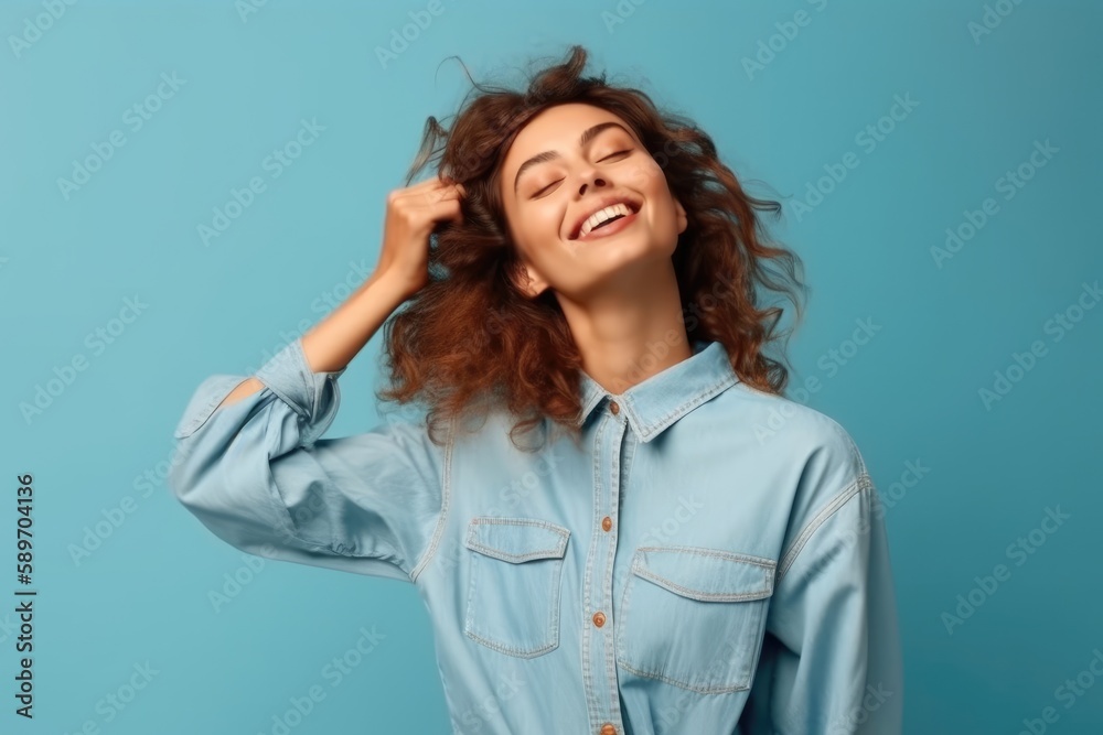 Photo of funky excited lady dressed jeans and shirt, empty space isolated background. Generative AI Photo of funky excited lady dressed jeans and shirt, empty space isolated background. Generative AI