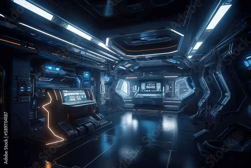 Control room in spacecraft, interior of spaceship or space station, generative AI.
