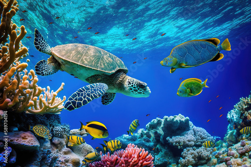 Coral reef with wild sea turtle and fish  tropical ocean underwater life  generative AI.