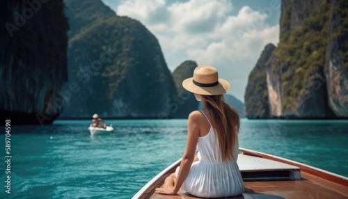 Happy tourist woman in white summer dress resting on boat in beautiful travel concept to Thailand. Generative AI