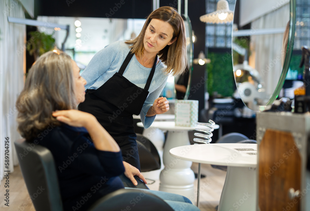 Fototapeta premium Friendly young woman hairdresser discussing haircut with aged female client sitting in chair in hairdressing salon.