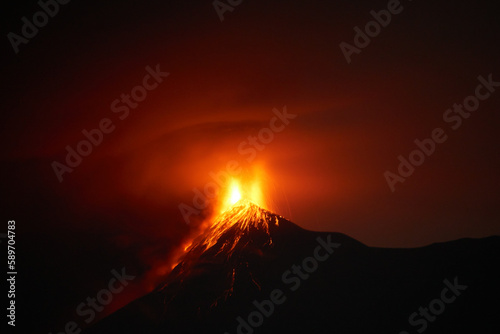 Fuego volcano eruption at night in Guatemala